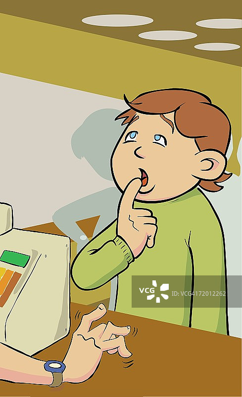 站在收银机前，手指放在嘴唇上的男孩特写图片素材