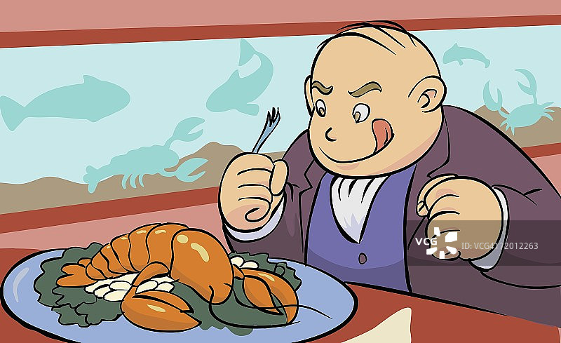 看着盘子里龙虾的年长男人特写图片素材
