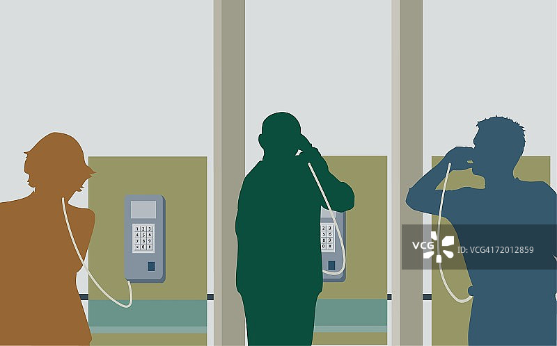 在公用电话亭交谈的年轻男女剪影图片素材