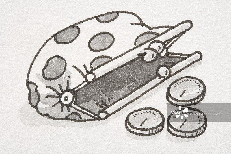 打开的钱包旁边的三枚硬币侧视图图片素材