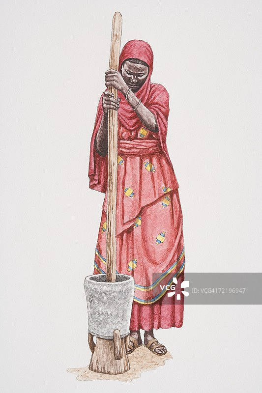 身穿索马里传统服装的非洲妇女用木棍在陶罐中捣碎谷物图片素材