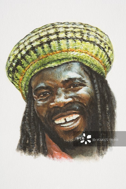 戴黄帽、有胡须脏辫的非洲裔加勒比男人图片素材