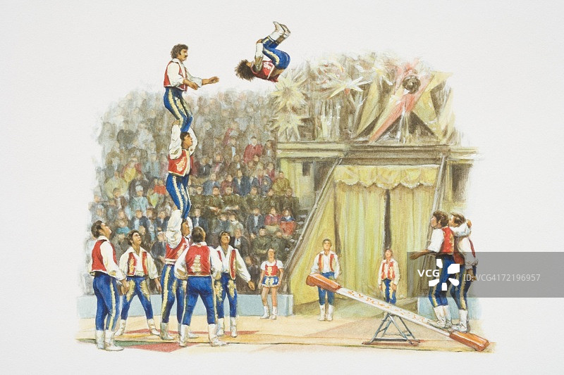 马戏团杂技演员表演，跳板跳跃组成人字塔图片素材