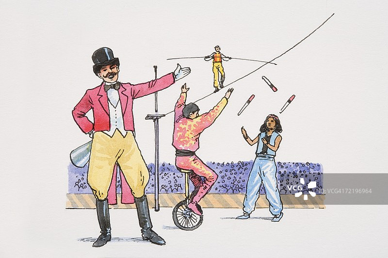 马戏团驯兽师在环中指向杂耍、走钢丝和独轮车平衡的杂技演员图片素材