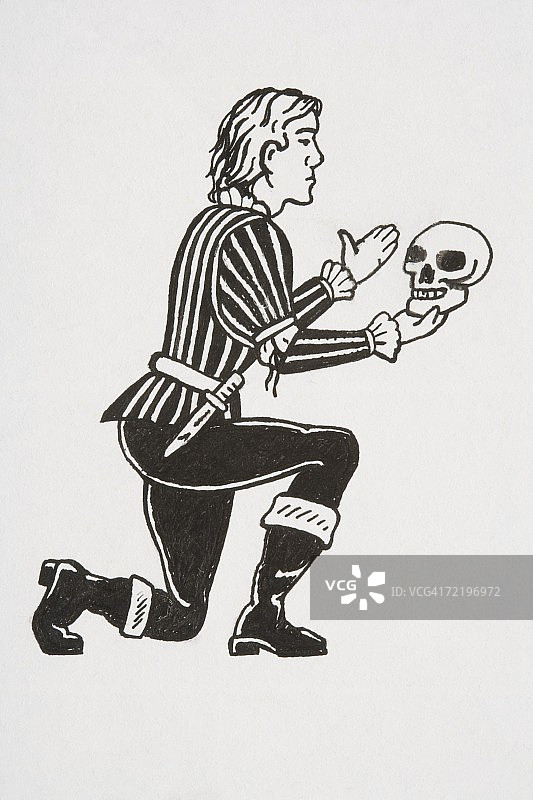 《哈姆雷特》场景：主角跪地手持骷髅图片素材