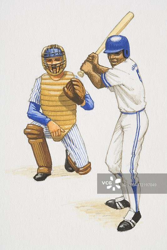 棒球击球手和挡网摆好比赛姿势，正面视角图片素材