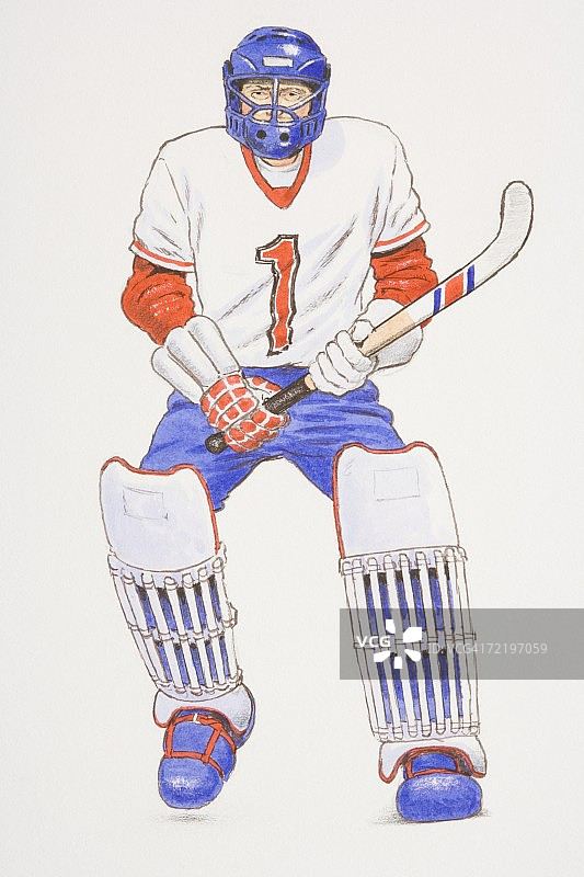 佩戴头盔和护膝，手持冰球杆的冰球守门员正面像图片素材