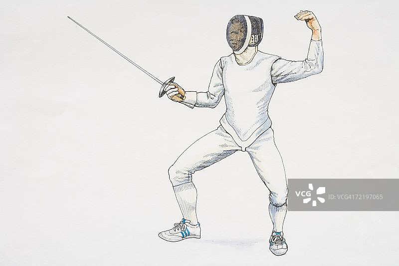 击剑手准备姿势，双腿分开蹲伏，一只手臂举起佩剑在前面，另一只手臂向后弯曲，侧视图图片素材