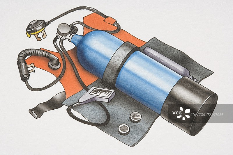 带氧气罐、背带和管子的水肺潜水服侧视图图片素材