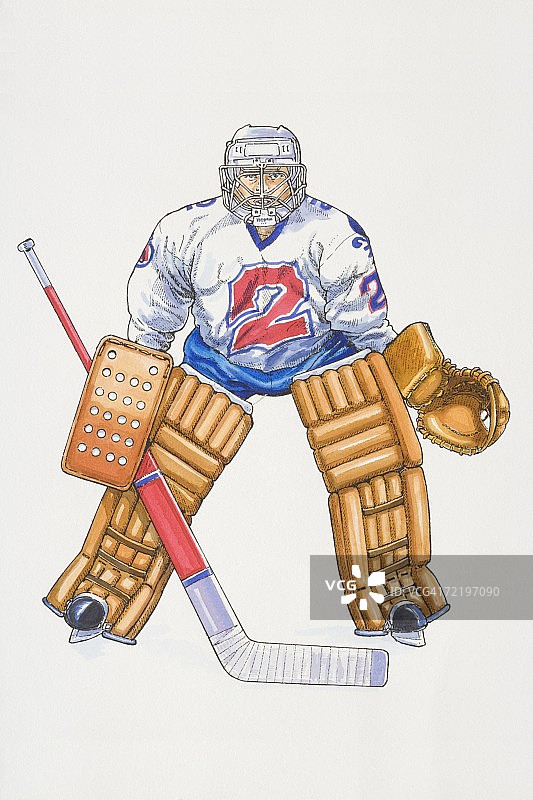 冰球守门员：持球杆、戴护膝和头盔正面照图片素材