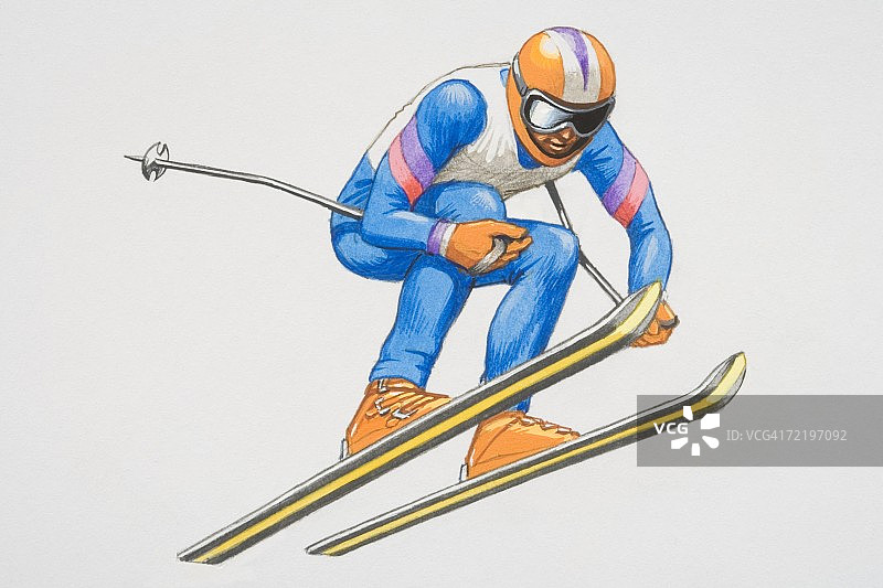 滑雪者跳跃表演，空中飞行，屈膝和杆子在身旁，低角度视图图片素材