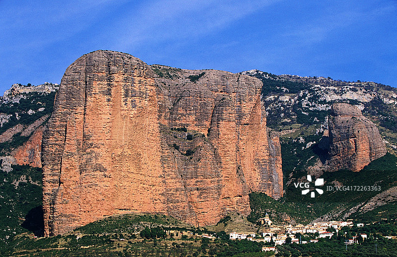 西班牙韦斯卡里格洛斯巨岩和小镇图片素材