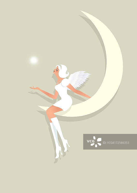 坐在月亮上的天使侧脸图片素材