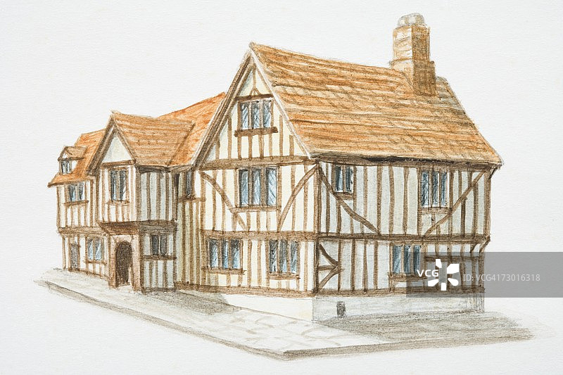 大型半木结构房屋的两侧俯视图图片素材