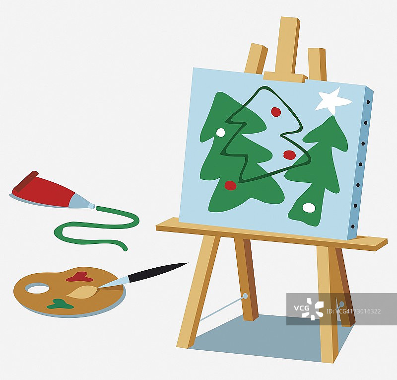 画架上的圣诞树绘画，调色板、画笔和绿色颜料图片素材