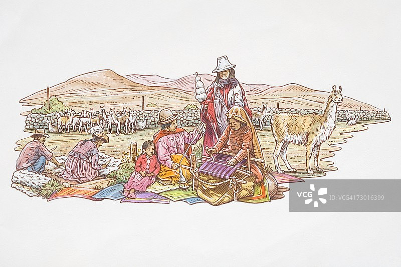 南美洲秘鲁印第安人群体编织，在织物上工作，背景是美洲驼群和山丘图片素材