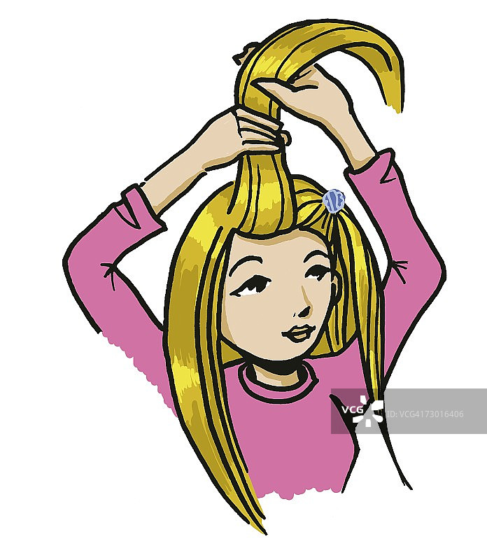 女孩举起一束金色长发，部分头发在侧面夹住图片素材