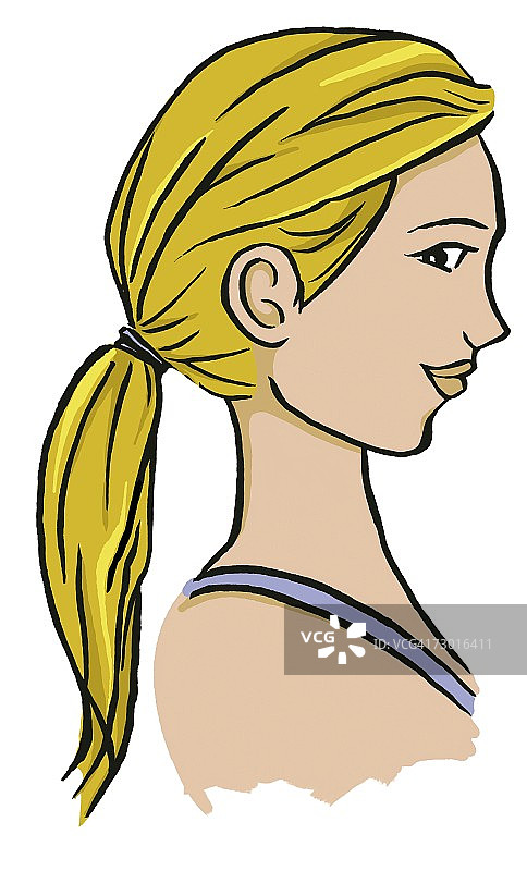 穿着吊带上衣，金色长发在后扎起的女孩，侧视图图片素材