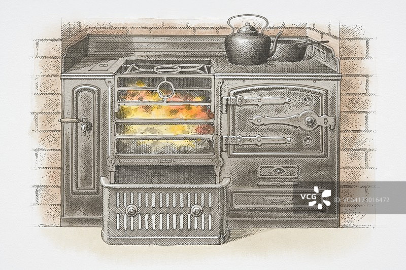 燃煤铁制厨房炉灶插画图片素材