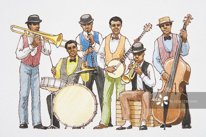 爵士乐队演奏乐器正面图插画图片素材