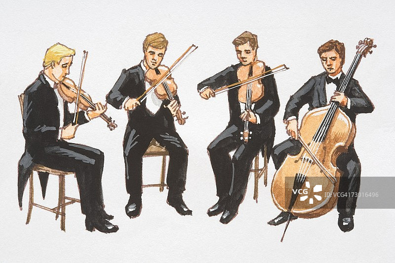 弦乐四重奏演奏插画：四名身着燕尾服的男子演奏小提琴、中提琴和大提琴图片素材