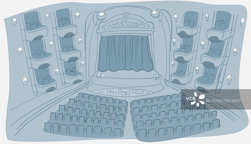 浅蓝色插画：剧院礼堂内景，包括包厢、乐池和带闭合窗帘的舞台图片素材