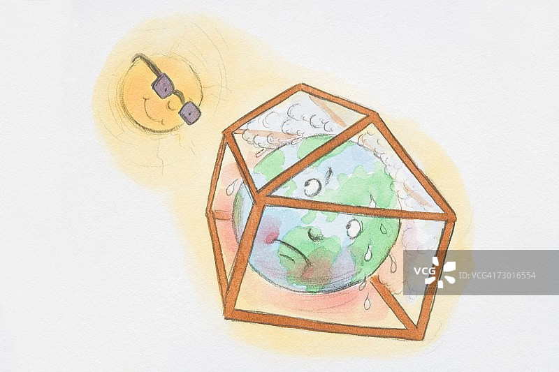 太阳俯瞰温室中被困的地球。图片素材