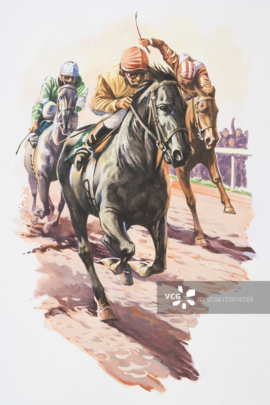 三名赛马骑师争夺第一，正面视角图片素材