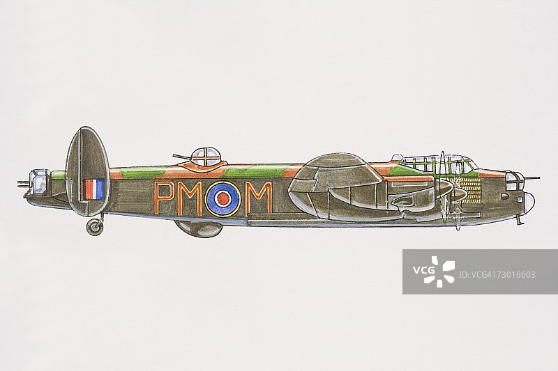 1941年Avro Lancaster轰炸机，带有背部炮塔和蓝白红RAF标志图片素材