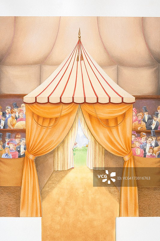 维多利亚风格马戏团帐篷入口内景插画，观众坐在两侧，小丑站在幕后向内张望图片素材