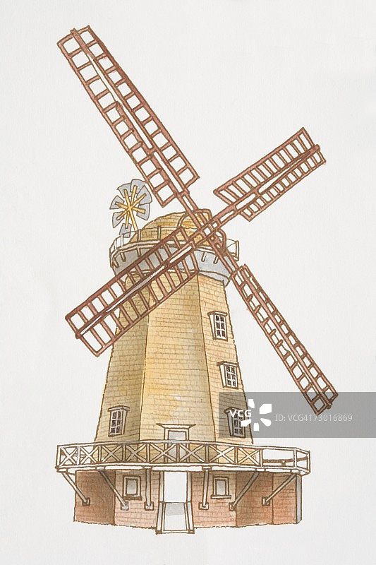 传统四臂风车磨坊插画图片素材