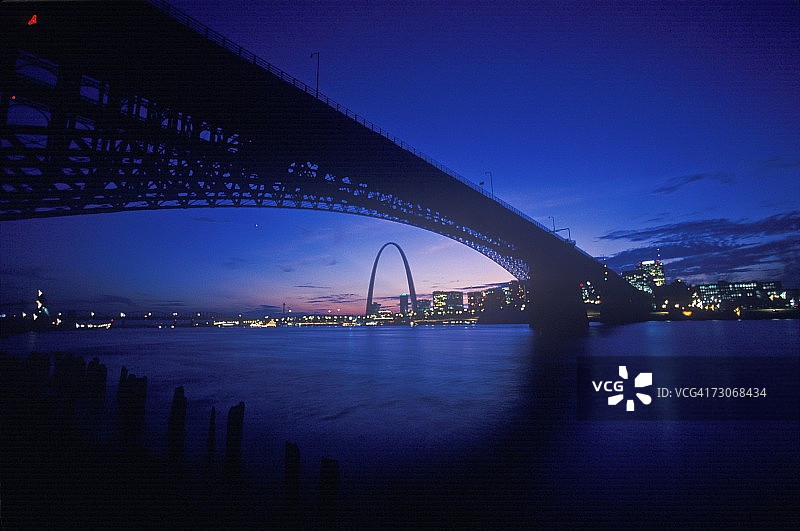 圣路易斯市天际线和伊兹桥的日落景色图片素材