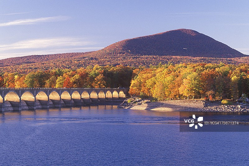 纽约卡茨基尔森林保护区日落时的阿肖坎水库图片素材