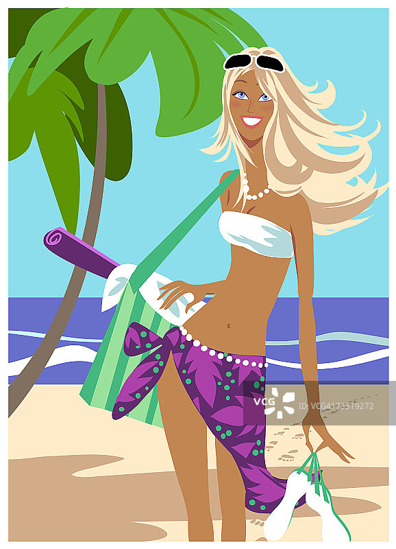 在海滩上拿着包的女人图片素材