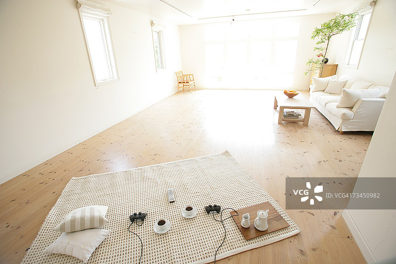 地毯上的茶杯和遥控器俯视图图片素材