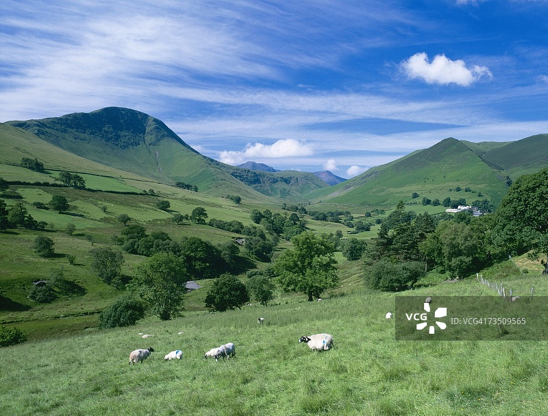 英国坎布里亚郡湖区，纽兰兹山谷克斯卡德尔农场西南方向的景色图片素材