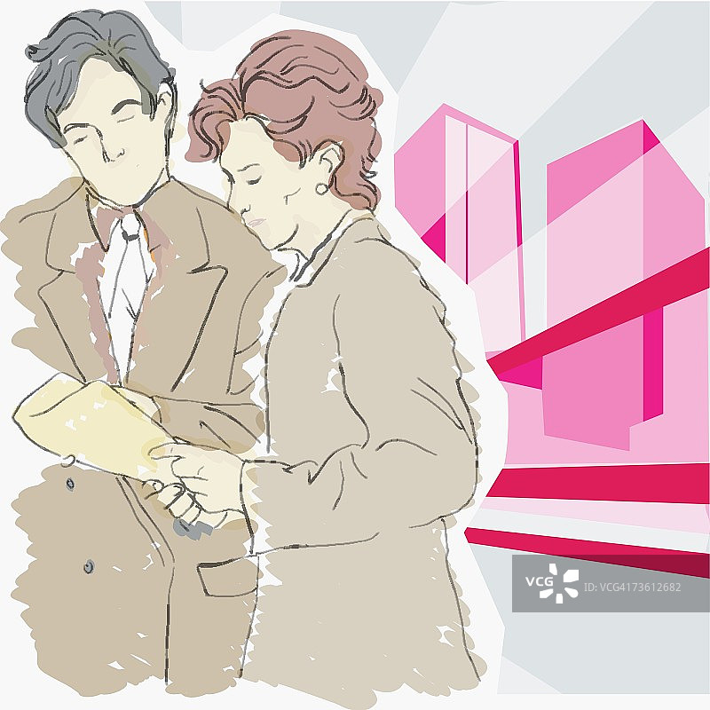 商人和女人在街上看地图图片素材