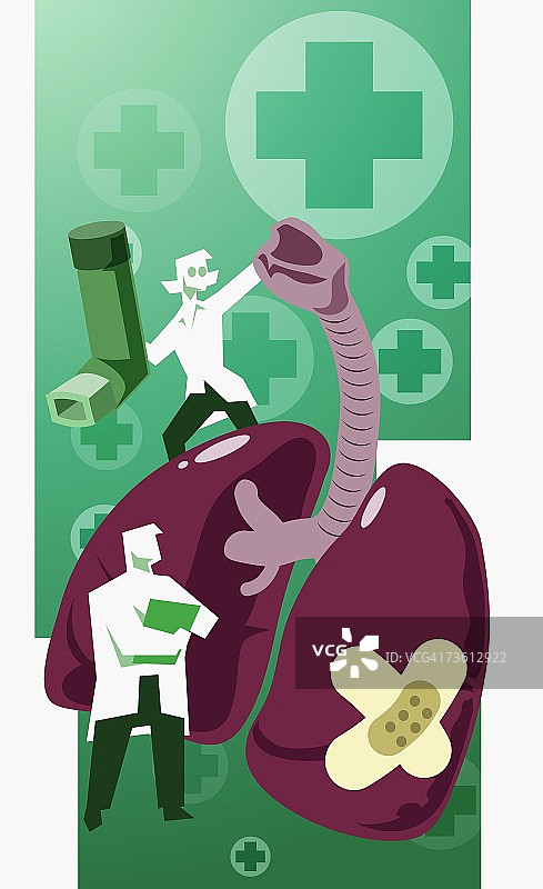 男医生站在人类肺部模型前，女医生拿着哮喘吸入器图片素材