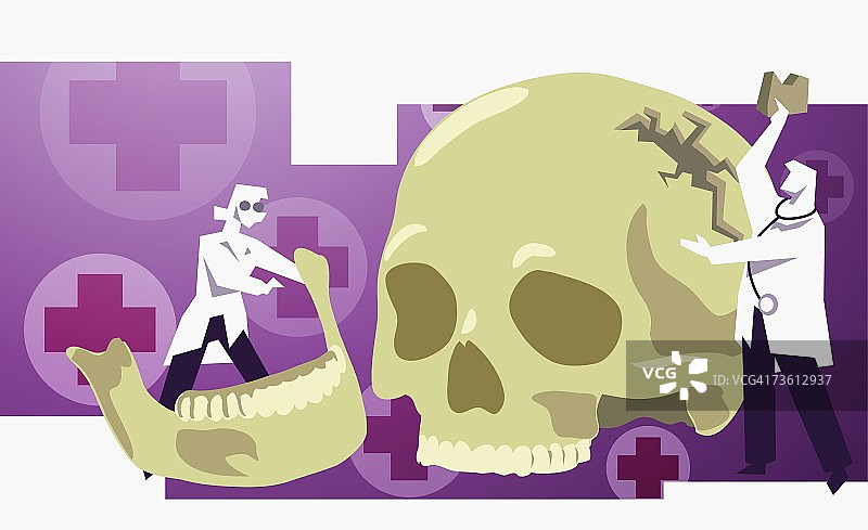 女医生检查人类下颚骨，男医生拿着一块受损的人类头骨图片素材