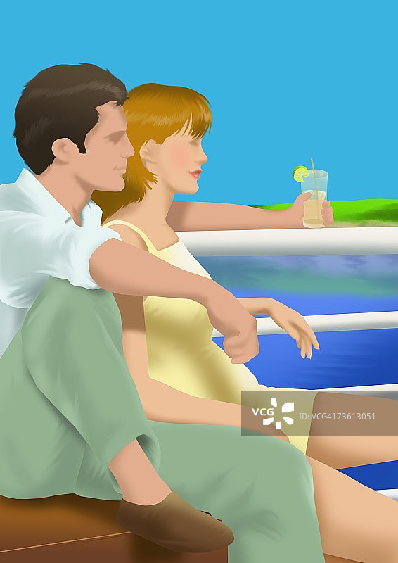 男人和拿着柠檬水的女人坐在一起的侧面照图片素材