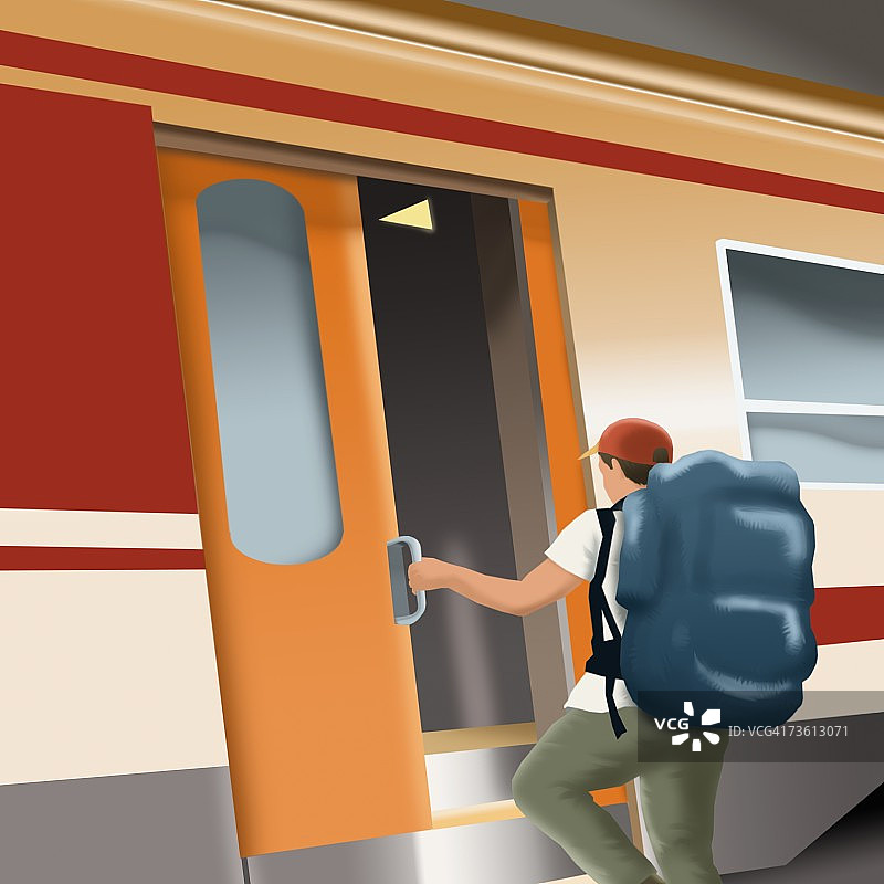 一名男子登上火车的侧面轮廓图片素材