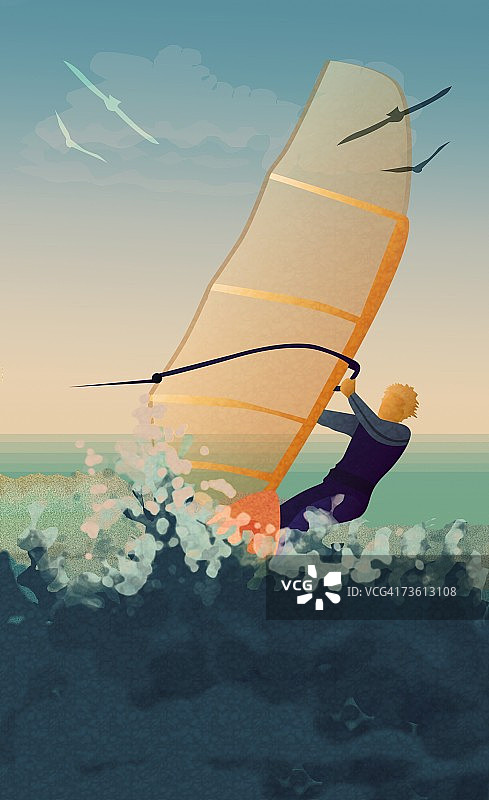 一个人在海上玩帆板运动的侧面照图片素材
