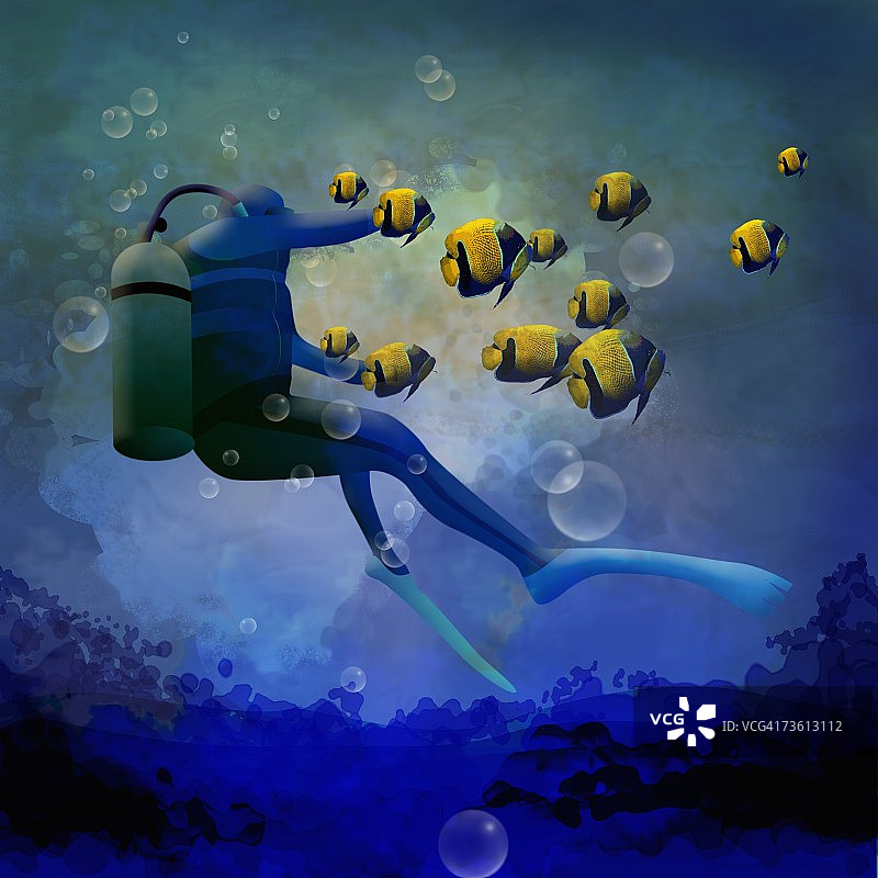 水肺潜水员在水下捕鱼图片素材