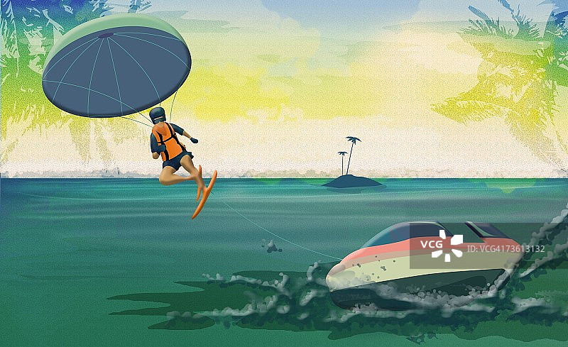 滑水者背影，带降落伞图片素材