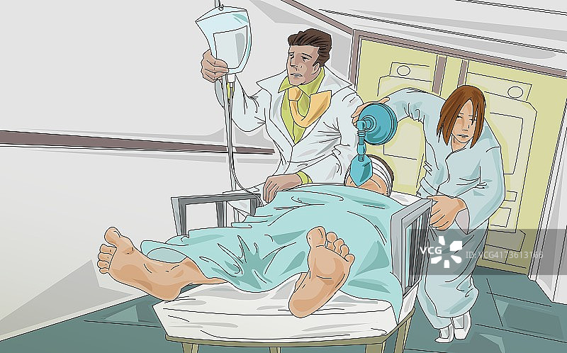 男医生和女护士正在抢救躺在担架上的男人图片素材