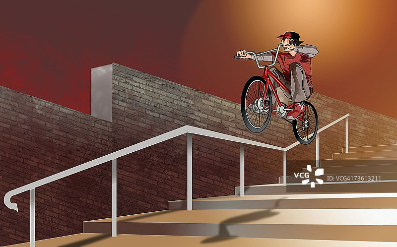 一名男子在楼梯上用自行车表演特技的低角度视图图片素材