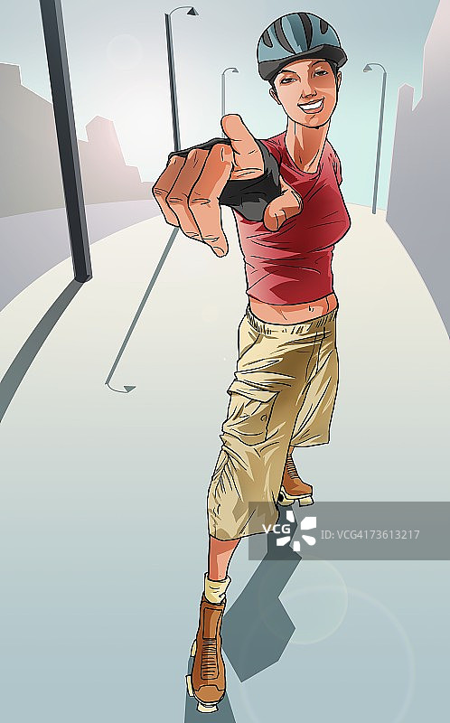 玩轮滑并指向前方的女子肖像图片素材