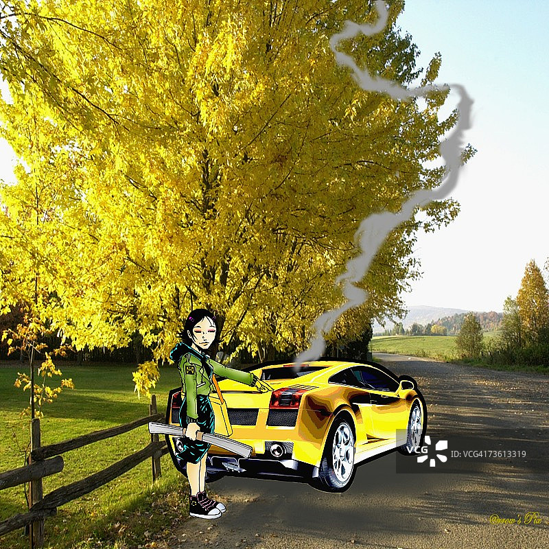 女孩指着一辆冒烟的汽车图片素材