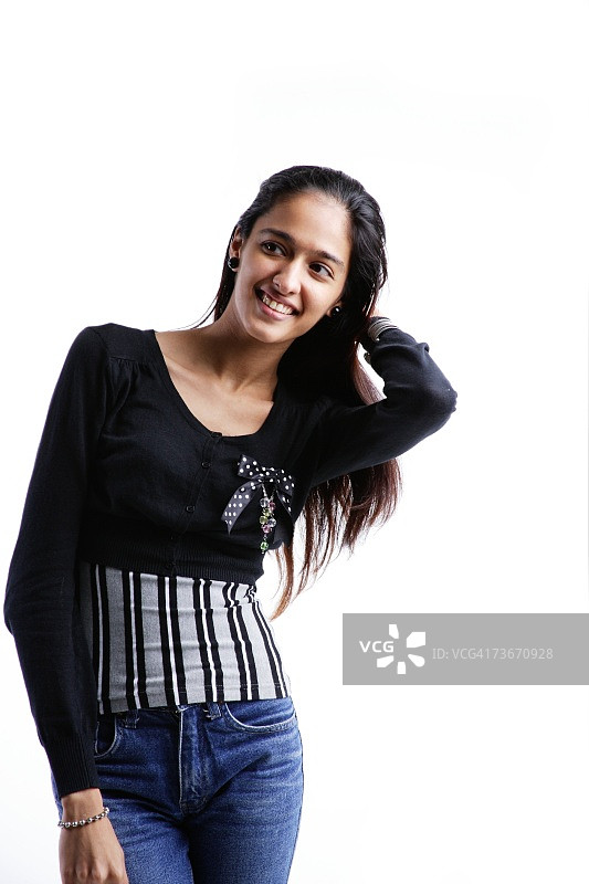 白色背景下手扶头的女人图片素材