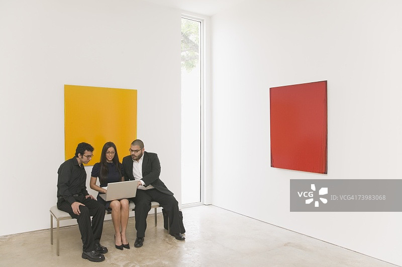 美术馆工作人员一起看笔记本电脑图片素材